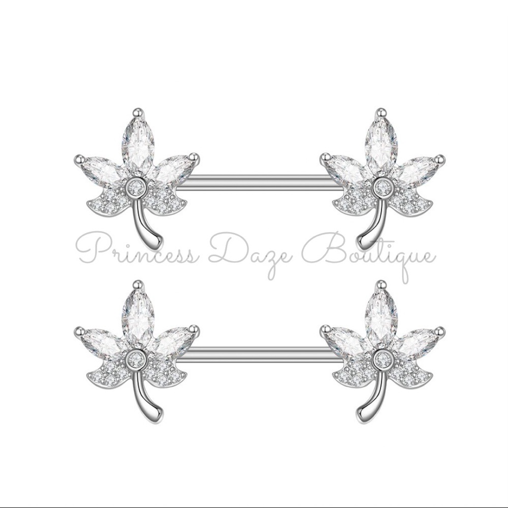 Diamond Leaf Nipple Ring Set